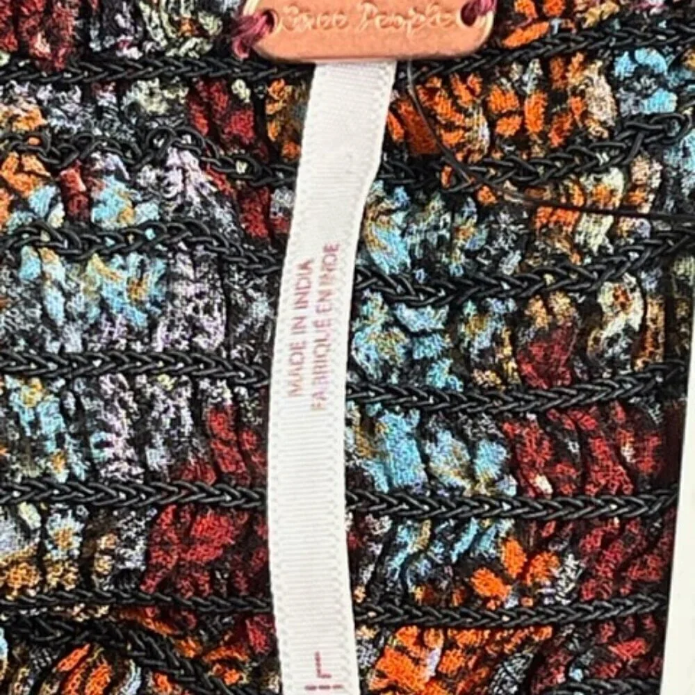 Free People Square Neck Smocked Puff Sleeve Floral Crop Top In Dark Combo Lr NWT